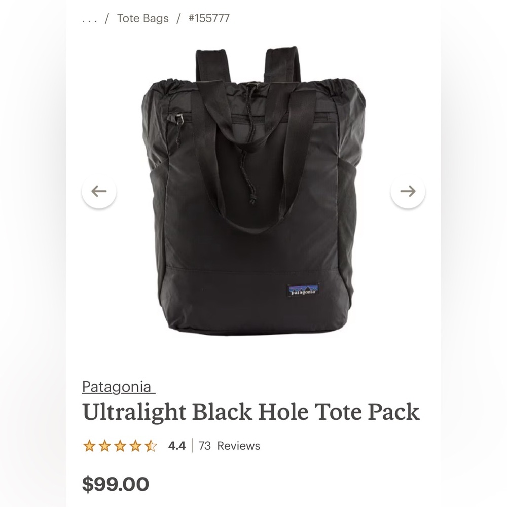 Patagonia convertible tote black hole lightweight nylon shoulder bag knapsack